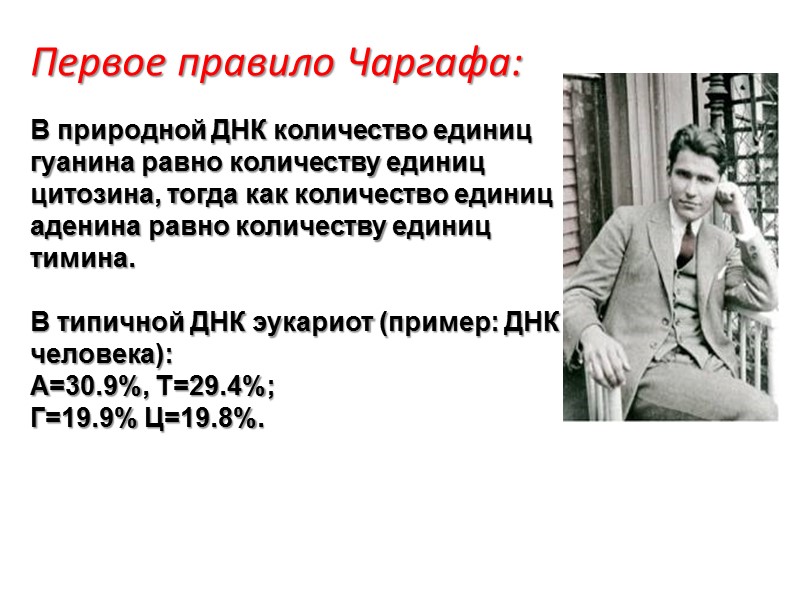 Первое правило Чаргафа:  В природной ДНК количество единиц гуанина равно количеству единиц цитозина,